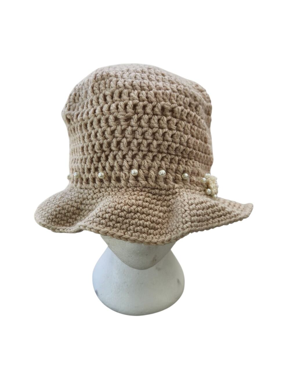 VTG Crochet Floppy Bucket Hat Pearls Women Beige Boho Cottage Festival Feminine